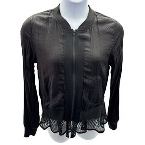 MAILLE  Black Mesh Hem Bomber Jacket Women's M Zip Front Sheer Lightweight US